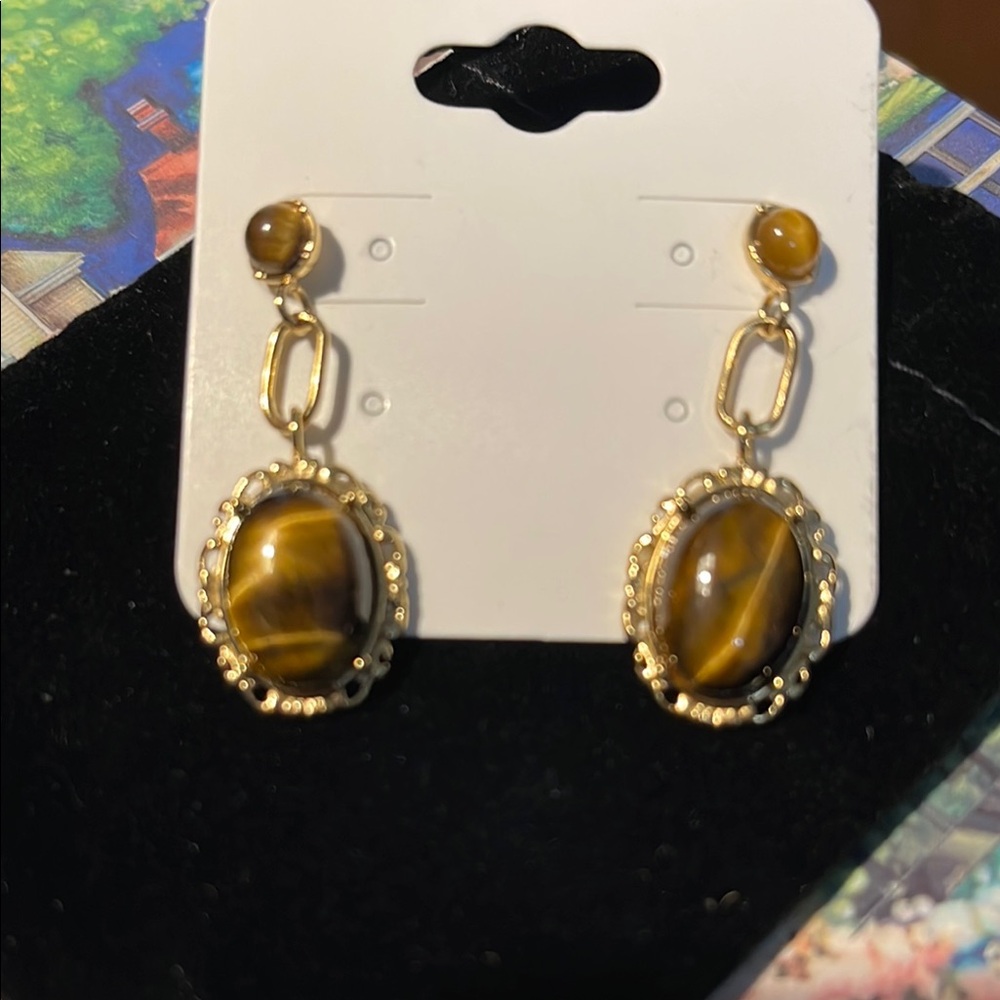 Gold and Brown Tiger's Eye Dangle Earrings